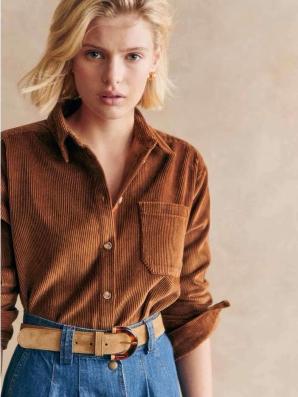 Sezane Max Shirt, Caramel, Size 36